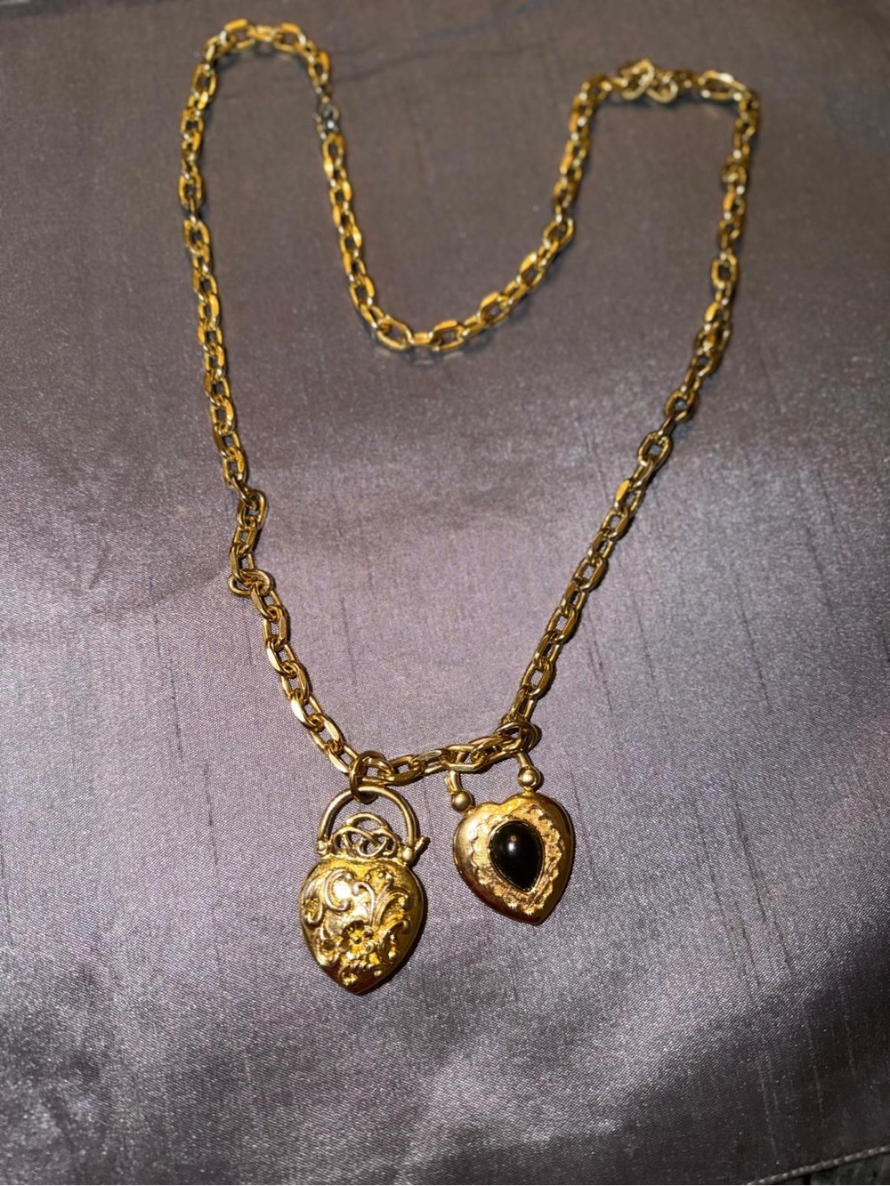 Gold-Tone Heart Locket Necklace with Black Stone Charm
